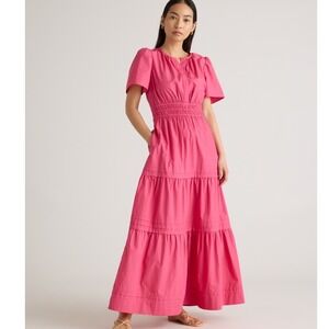 Quince 100% Organic Cotton Tiered Maxi Dress Poplin Lipstick Pink- Size S